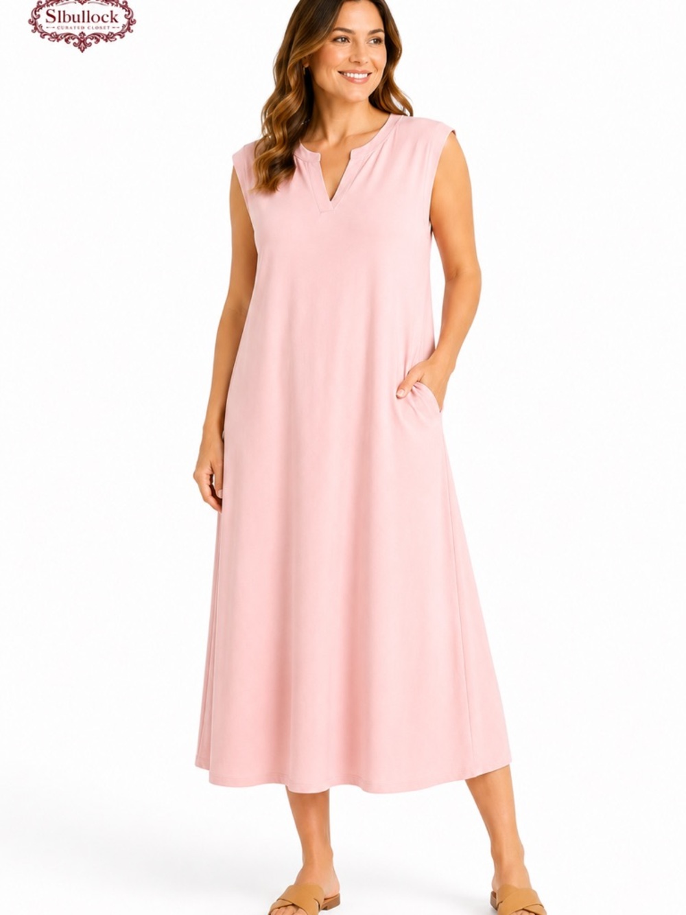 AUSELILY NWT 3X Pink Maxi Dress Pockets Side Slits Soft Stretch Casual Lounge